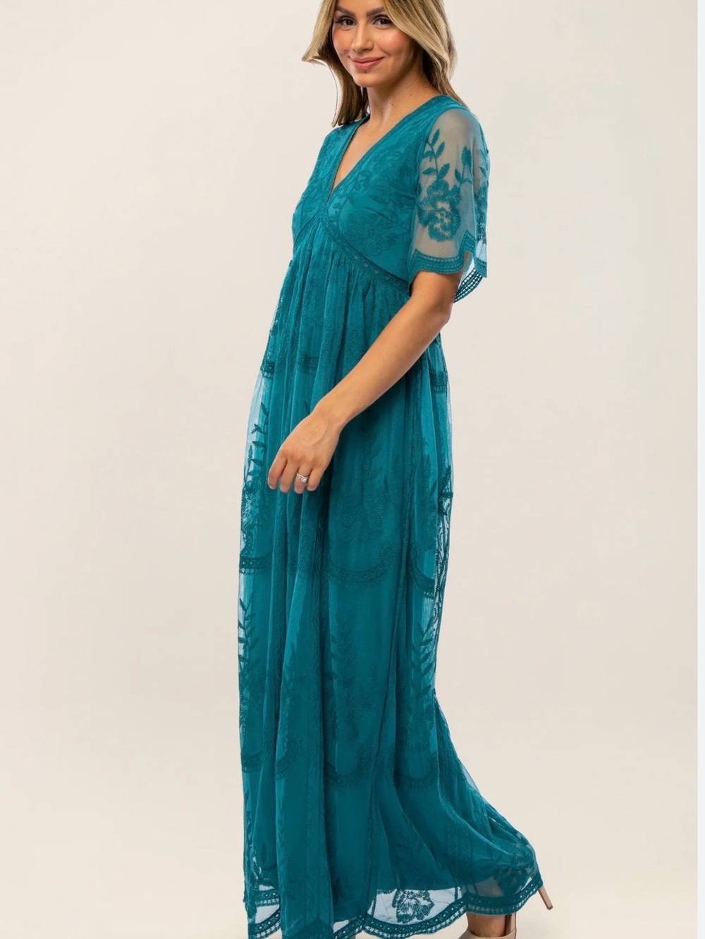 PinkBlush Teal Lace Maxi Dress 2XL Maternity Empire Waist Photoshoot - Picture 10 of 12